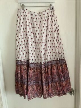 Cleobella White Maxi Skirt with Burgundy and Orange Paisley Hem